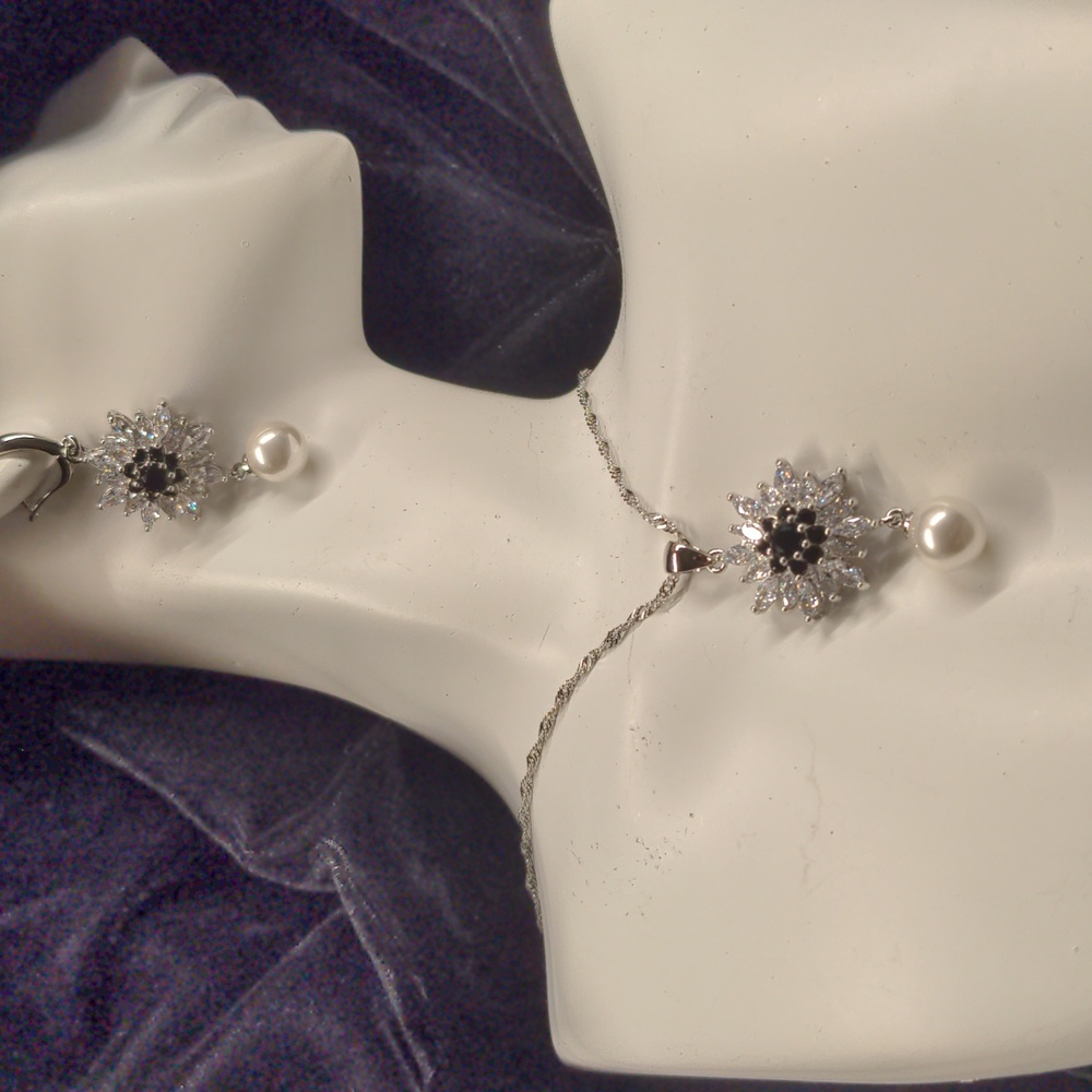 Clear and Black CZ Flower Pierced Earrings, Necklace and Ring with faux pearls